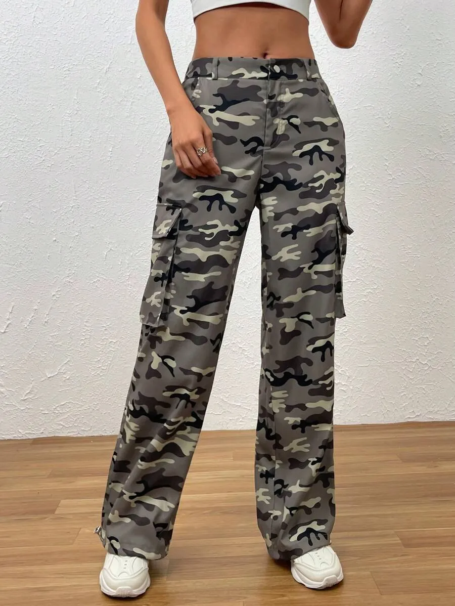 Flap Side Pocket Camo Print Cargo Pants