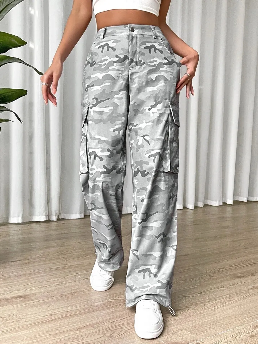 Flap Side Pocket Camo Print Cargo Pants