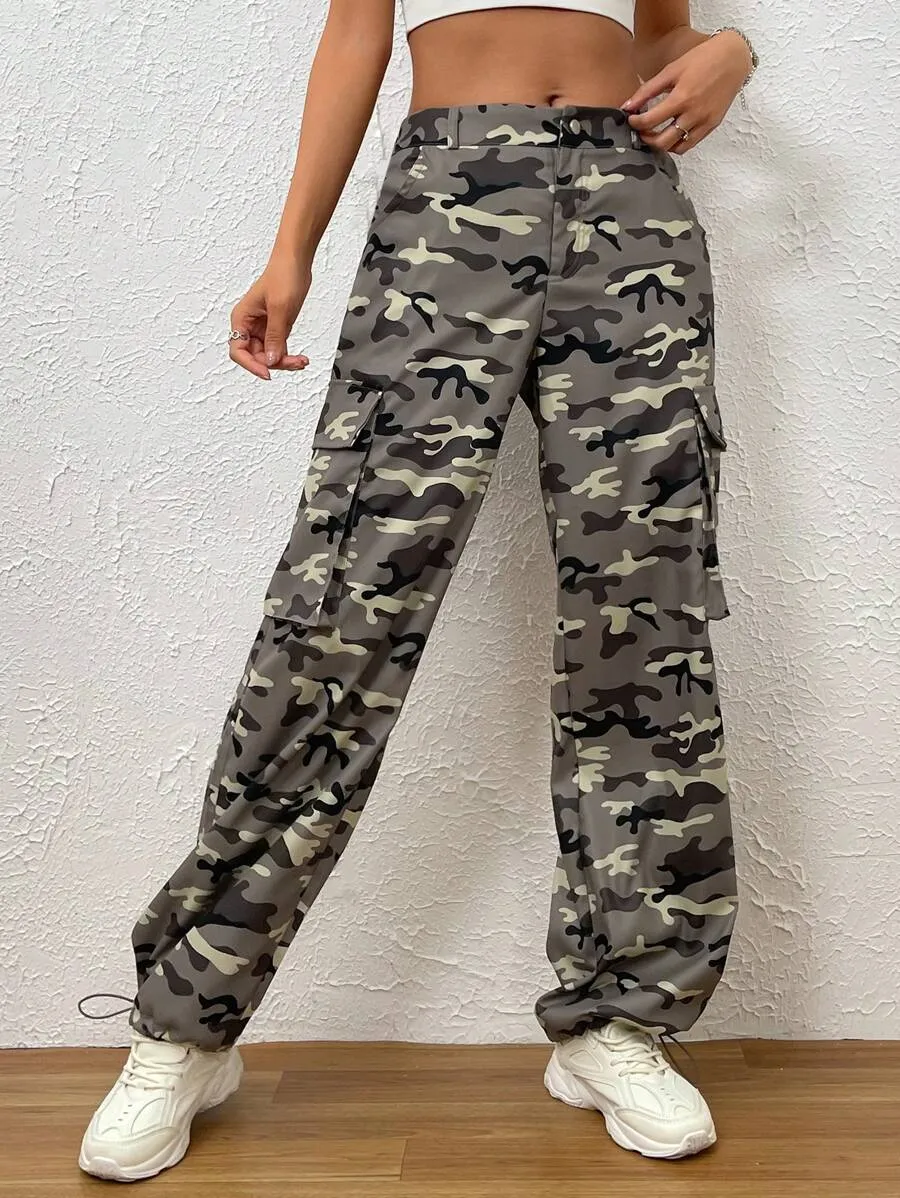 Flap Side Pocket Camo Print Cargo Pants