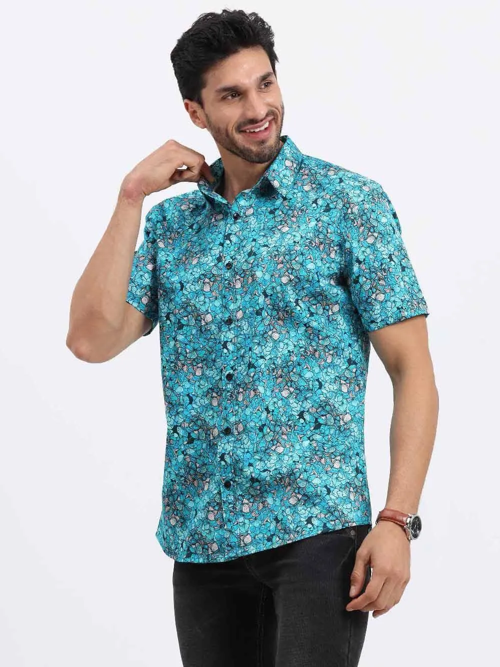 Floral Teal Printed Cotton Half Sleeve Shirt