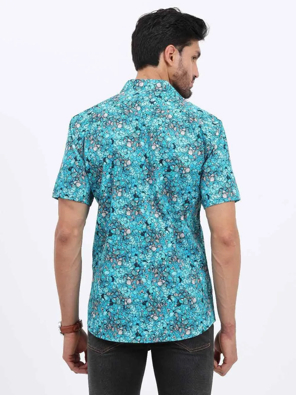 Floral Teal Printed Cotton Half Sleeve Shirt