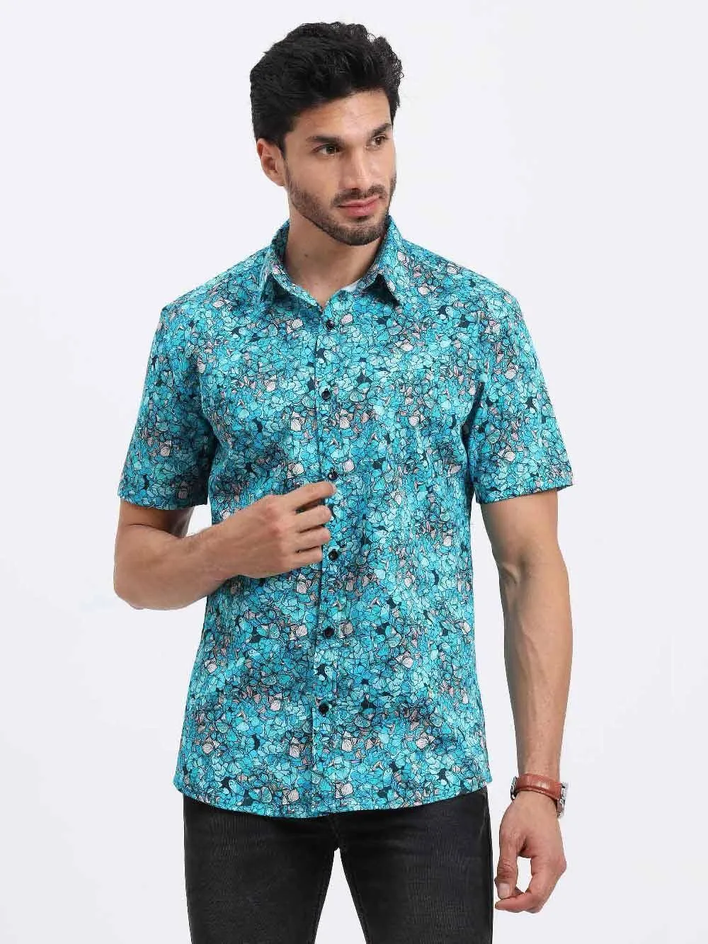 Floral Teal Printed Cotton Half Sleeve Shirt