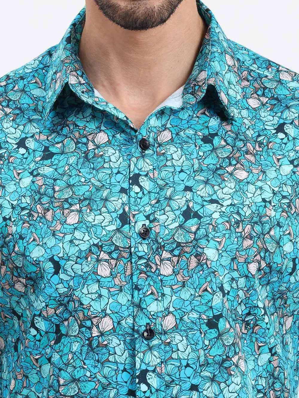 Floral Teal Printed Cotton Half Sleeve Shirt