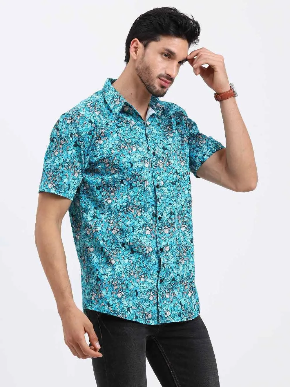 Floral Teal Printed Cotton Half Sleeve Shirt