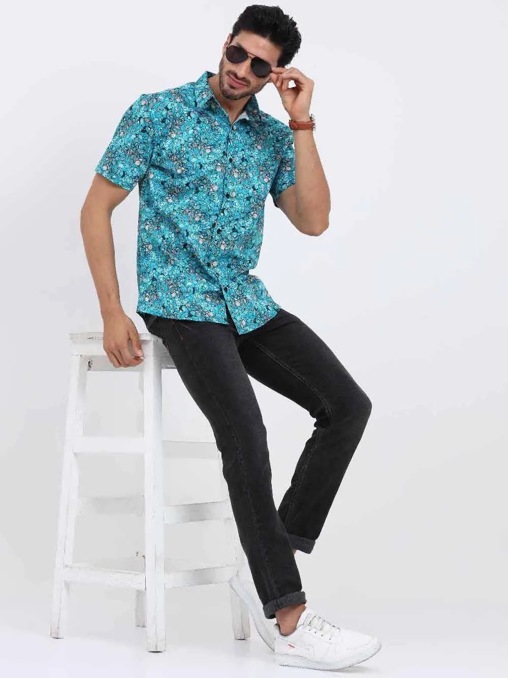 Floral Teal Printed Cotton Half Sleeve Shirt