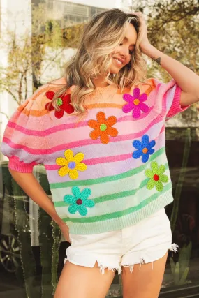 Flower Patch Puff Sleeve Striped Sweater