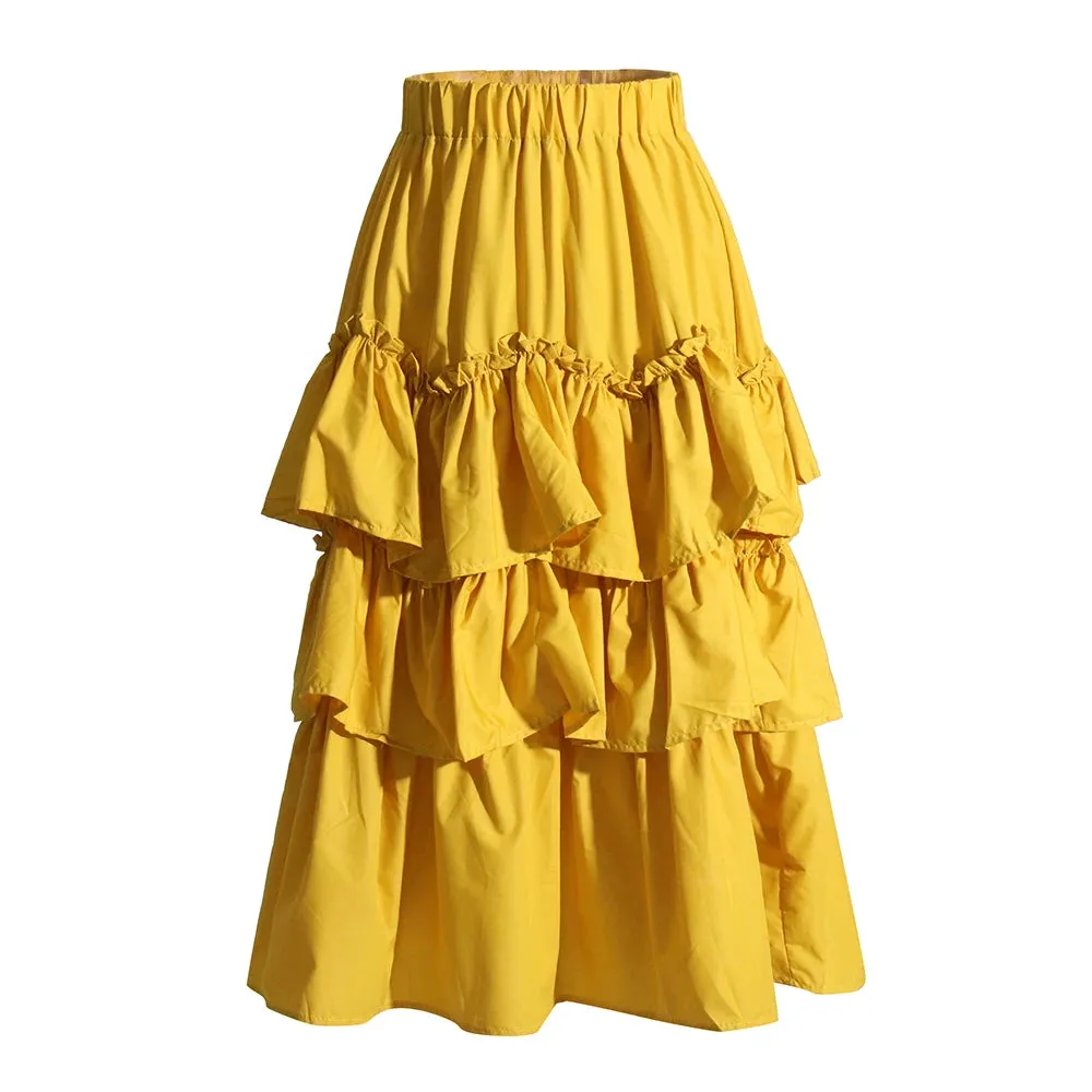 Folds Elegant Skirts For Women Hihg Waist Ruffles Minimalist Mid Sweet Style Skirt Female Fashion Style Summer