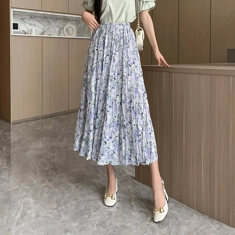 French Style Pleated Elastic Waist Printed Women Skirts Casual Summer Elegant Female Midi Skirt Vacation Party Club Skirt