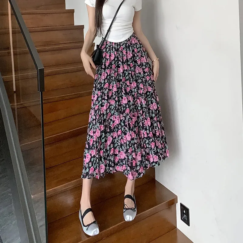 French Style Pleated Elastic Waist Printed Women Skirts Casual Summer Elegant Female Midi Skirt Vacation Party Club Skirt