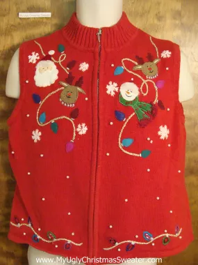 Funny Red Ugly Christmas Jumper Vest with Santa and Reindeer