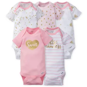 Gerber - 5 Pack Short Sleeve Onesies Bodysuits - Castle for Baby Girls