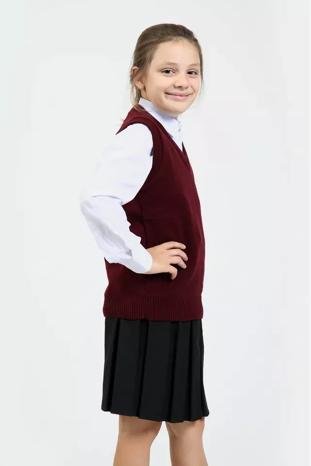 Girls Knitted Tank Top V Neck Sleeveless Jumper School Uniform Smart Comfortable- Wine