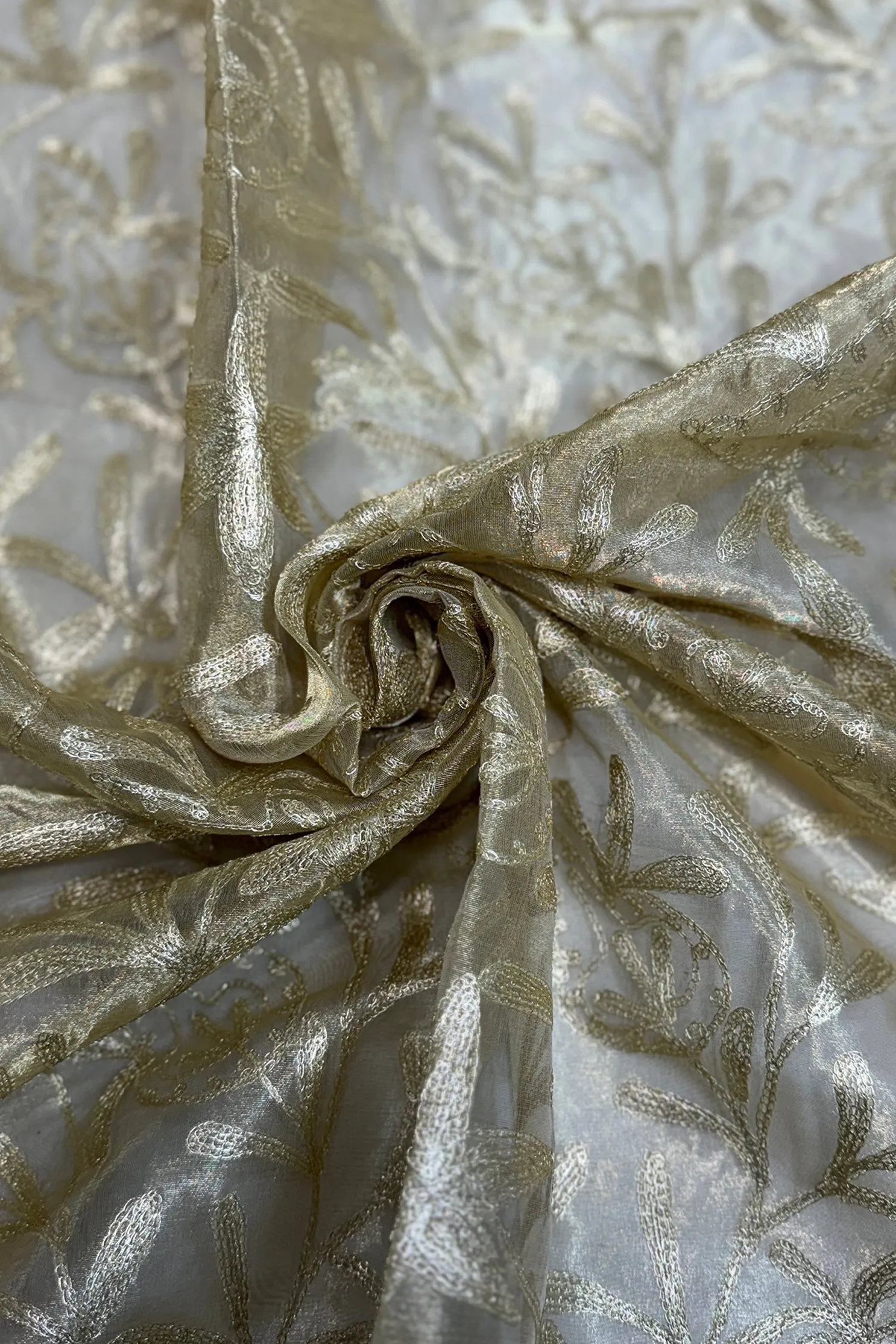 Gold Organza with Gold Floral Tissue Metallic Embroidery