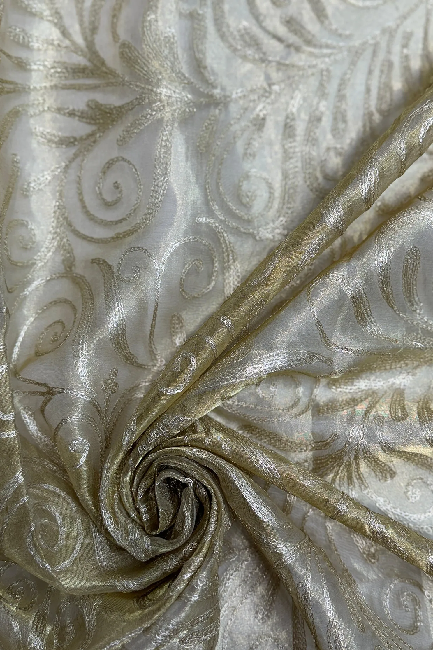 Gold Organza with Gold Paisley Thread Tissue Metallic Embroidery