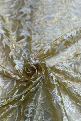 Gold Organza with White Embroidery Tissue Metallic Embroidery