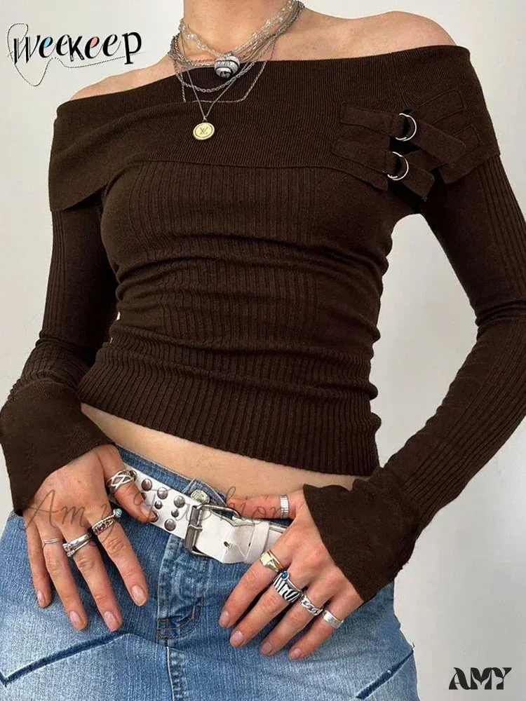 Grunge Retro Off Shoulder Elegant Slash Neck Long Sleeve Sweater