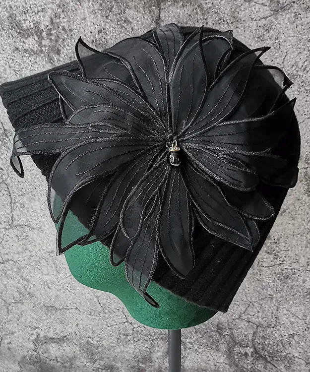 Handmade Black Floral Knit Bucket Hat LY524