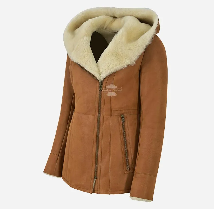 HAZEL Women's Sheepskin Hooded Coat B3 Shearling Fur Jacket