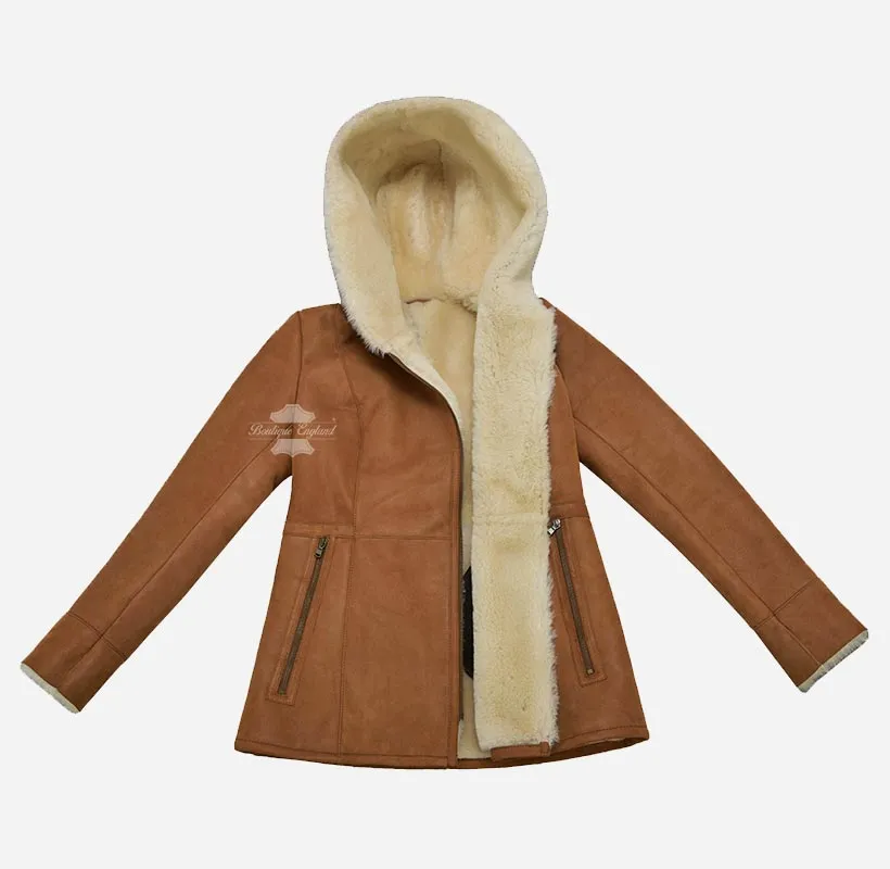 HAZEL Women's Sheepskin Hooded Coat B3 Shearling Fur Jacket