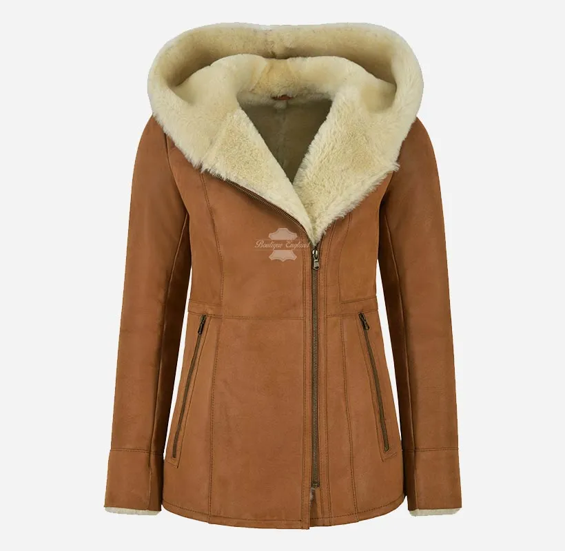 HAZEL Women's Sheepskin Hooded Coat B3 Shearling Fur Jacket