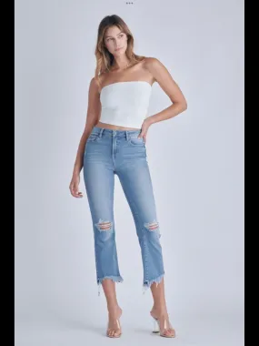 HIDDEN HAPPI MEDIUM WASH FRAYED HEM DISTRESSED CROPPED FLARE