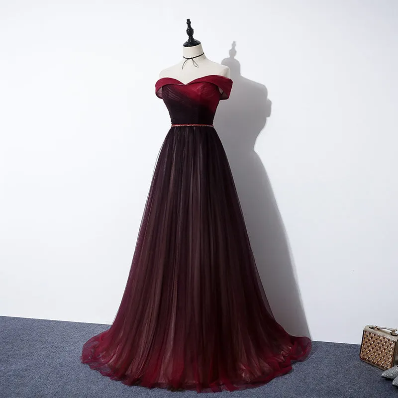 High Quality Gradient Dark Red Sweetheart Long Prom Dress, Tulle Evening Dress