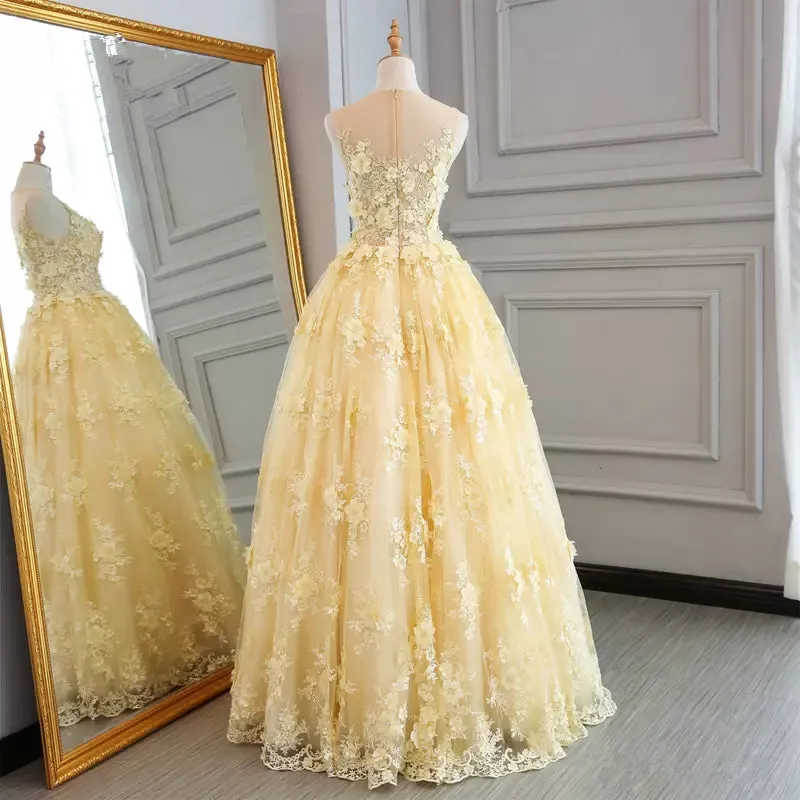 High Quality Lace Yellow Long Party Gown, A-line Evening Dress