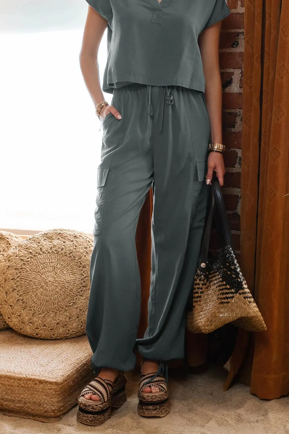 HIGH WAIST DRAWSTRING CARGO PANTS