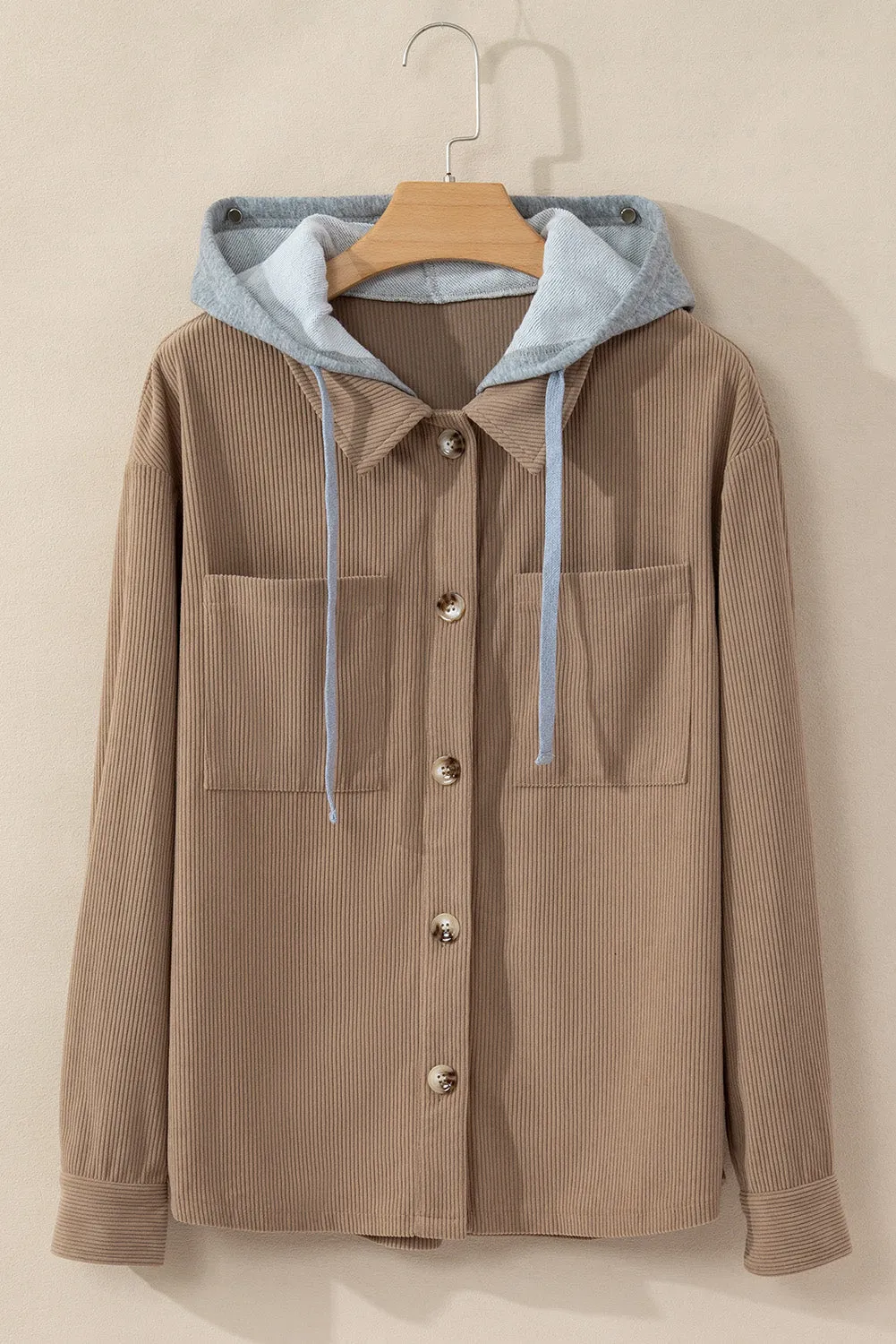 Hooded Drawstring Pockets Corduroy Shacket