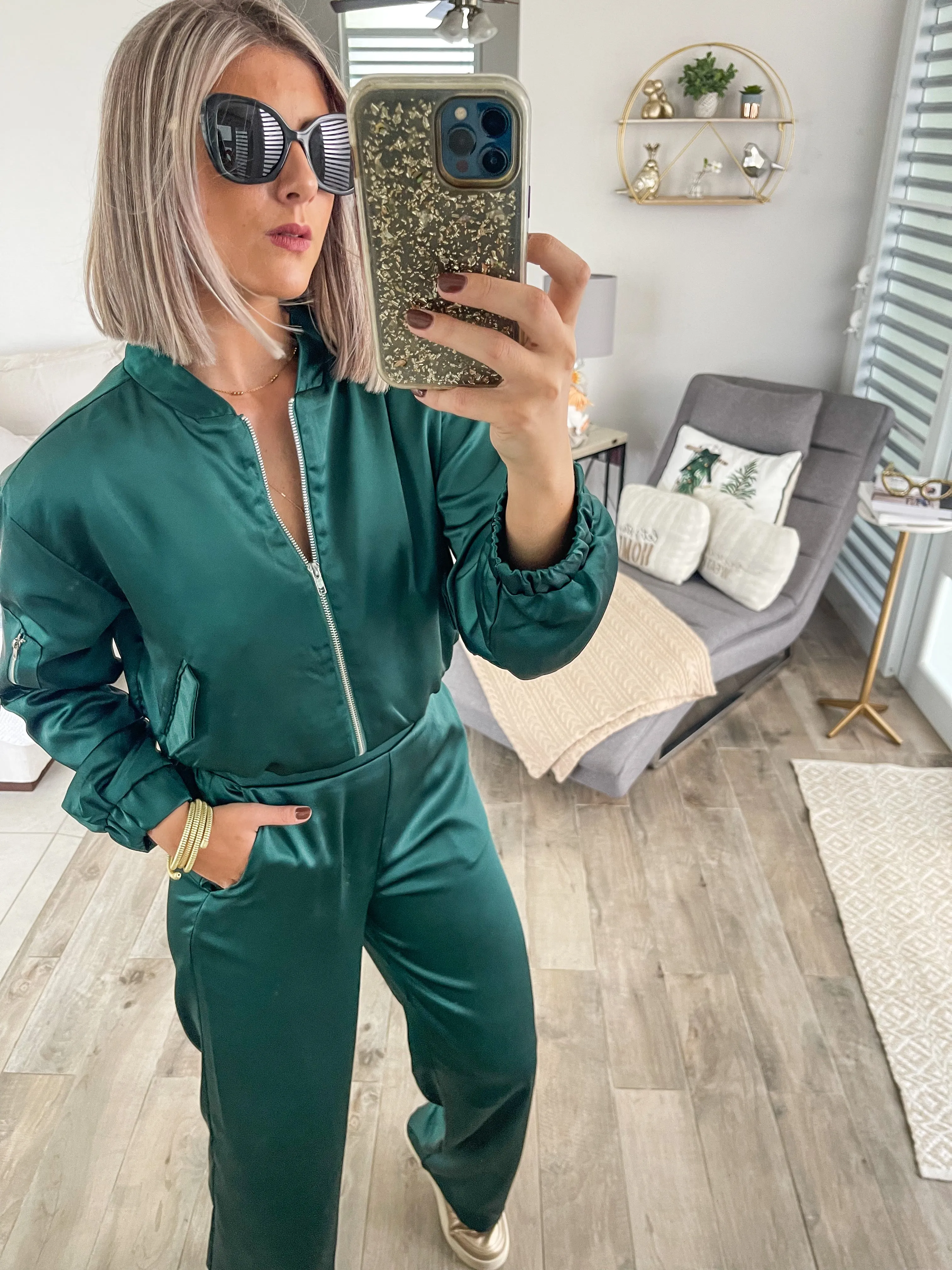 HUNTER GREEN SATIN BOMBER JACKET