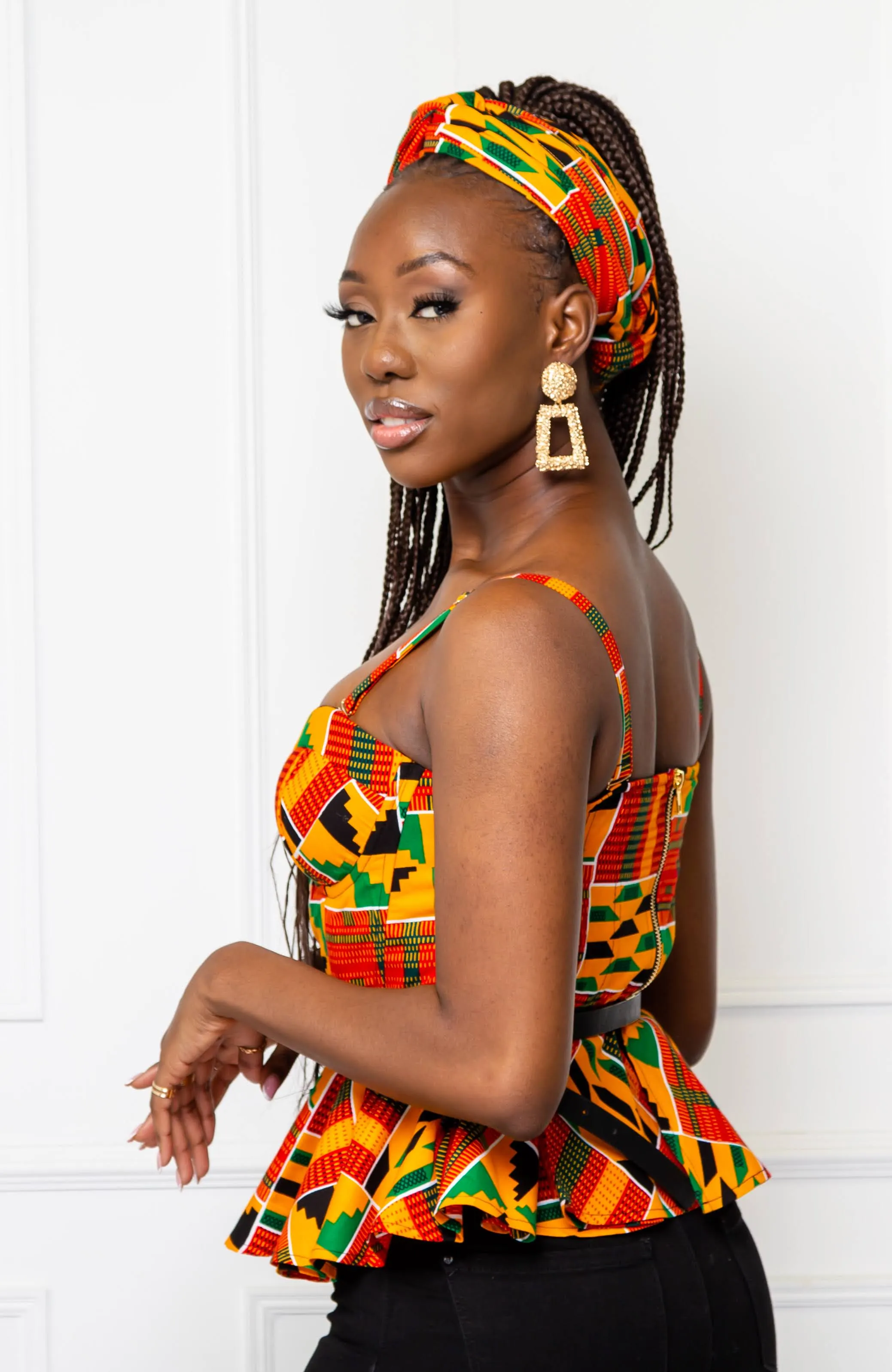 Kente Corset Peplum Orange Blouse |  African Print Sleeveless - KENYA