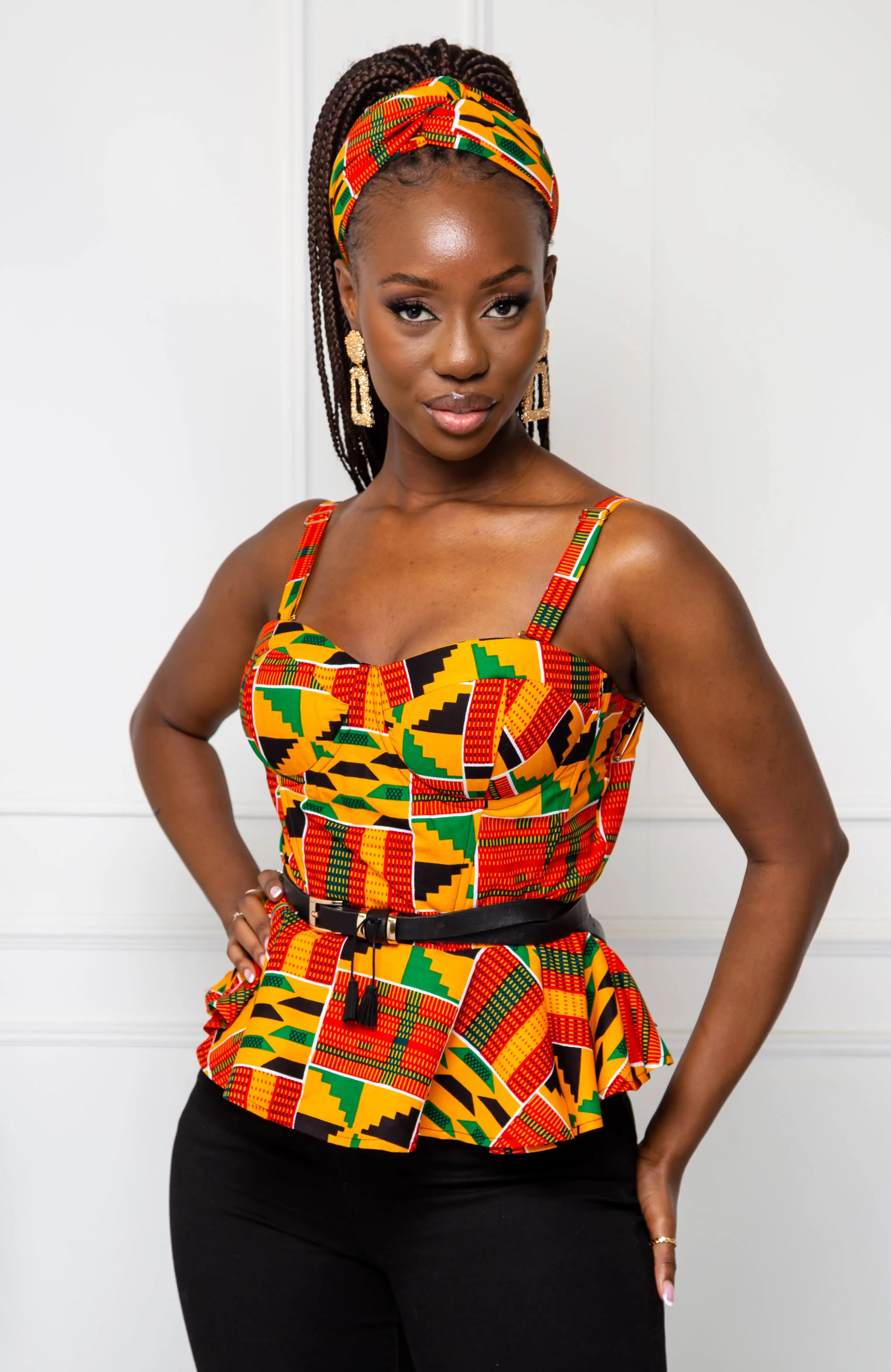 Kente Corset Peplum Orange Blouse |  African Print Sleeveless - KENYA