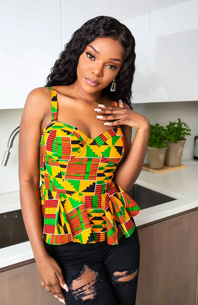 Kente Corset Peplum Orange Blouse |  African Print Sleeveless - KENYA