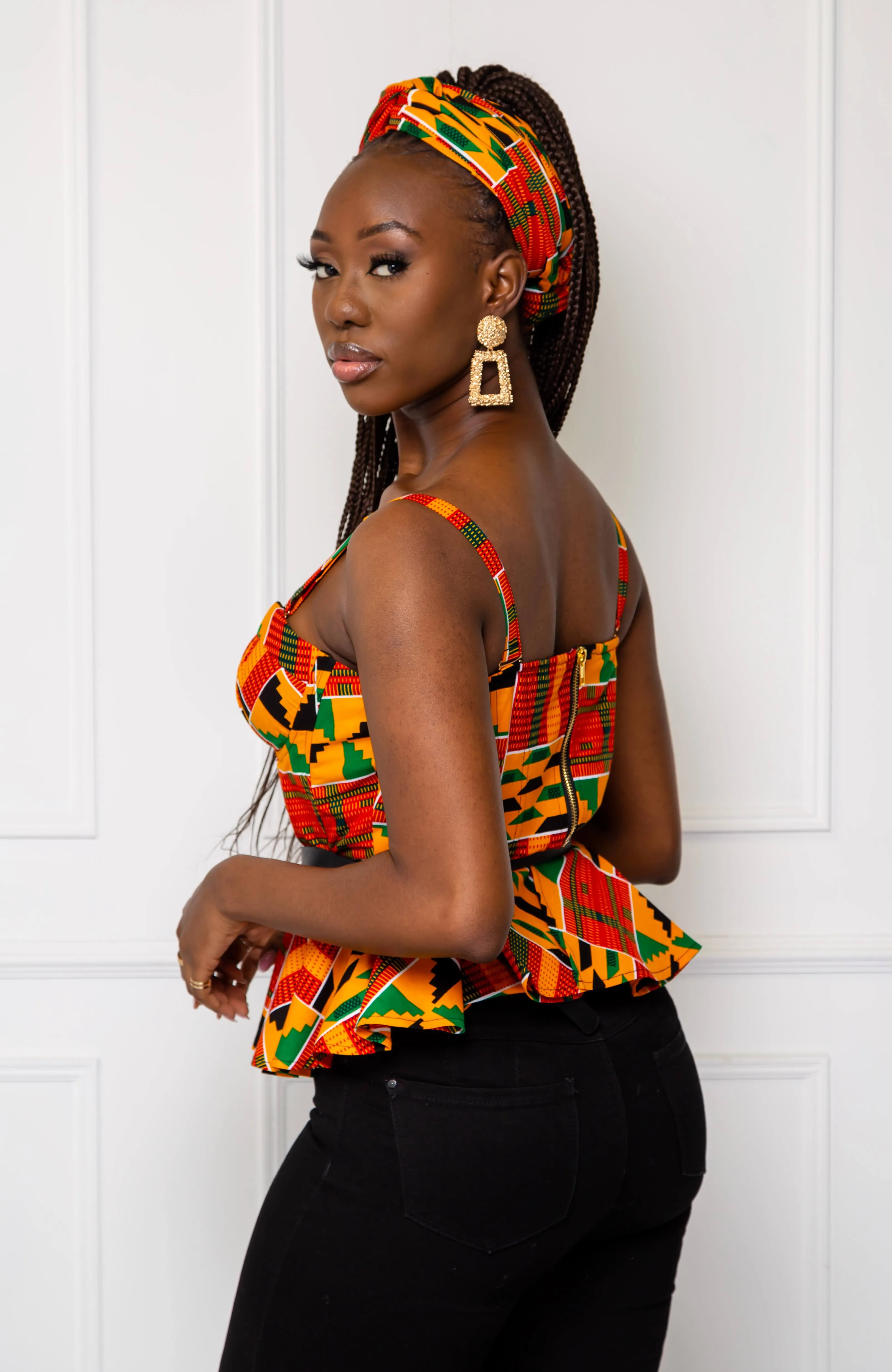 Kente Corset Peplum Orange Blouse |  African Print Sleeveless - KENYA