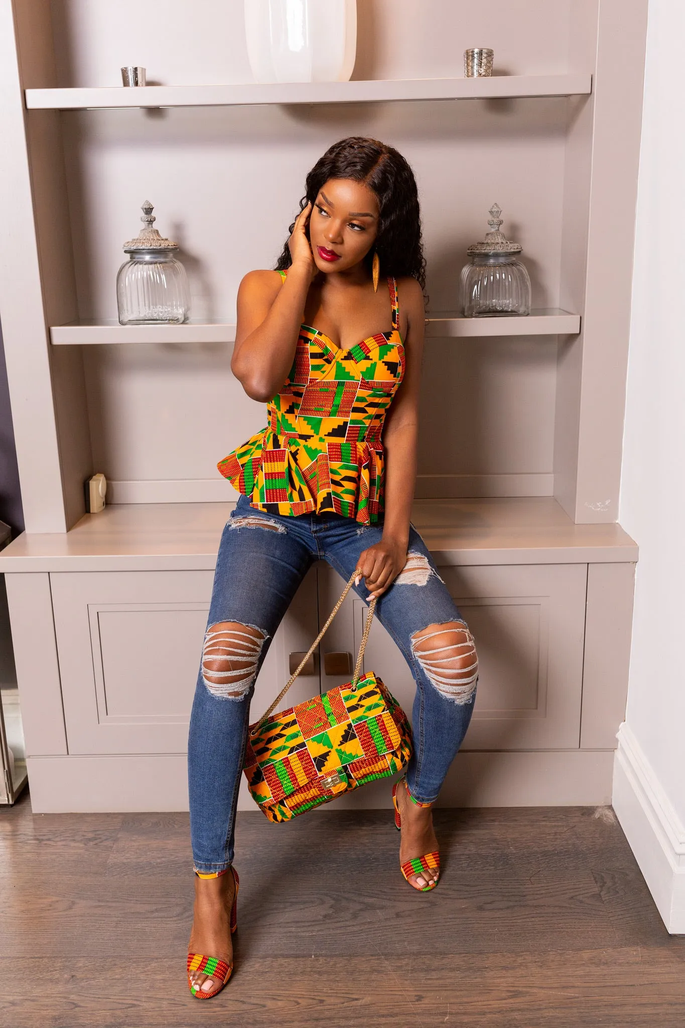 Kente Corset Peplum Orange Blouse |  African Print Sleeveless - KENYA