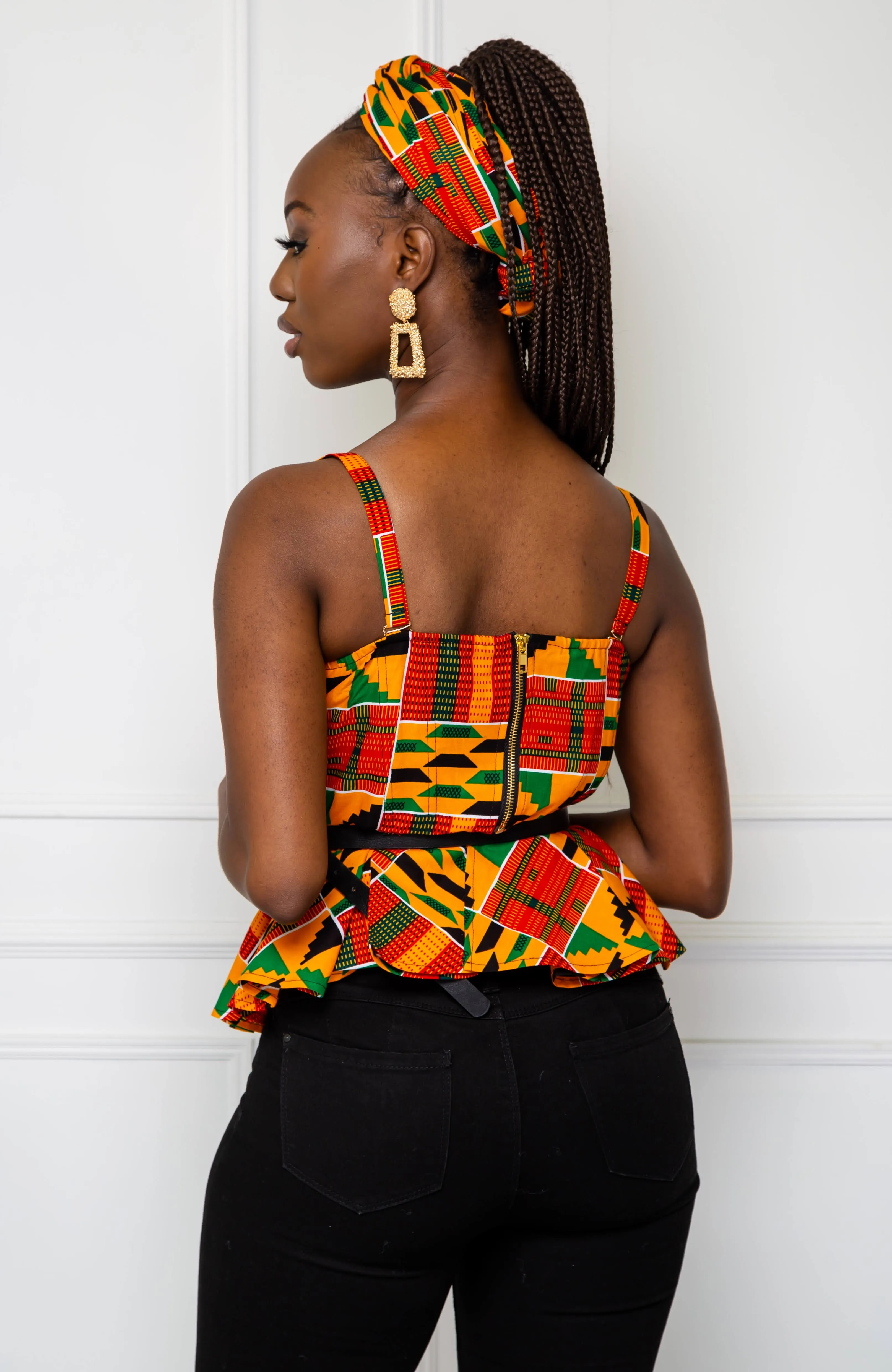 Kente Corset Peplum Orange Blouse |  African Print Sleeveless - KENYA