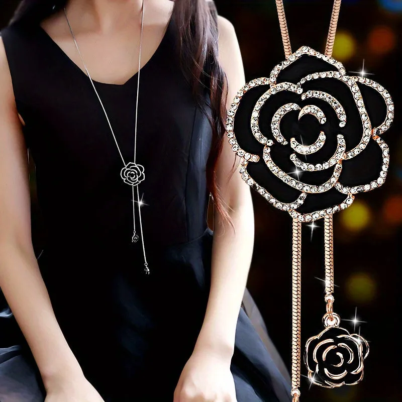 Korean Style Rose Flower Sweater Chain Necklace  Stylish Accessory