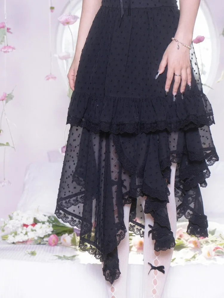 Lace Dot Asymmetry Sheer Tiered Long-Skirt