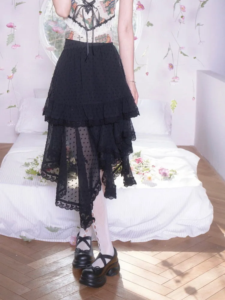 Lace Dot Asymmetry Sheer Tiered Long-Skirt