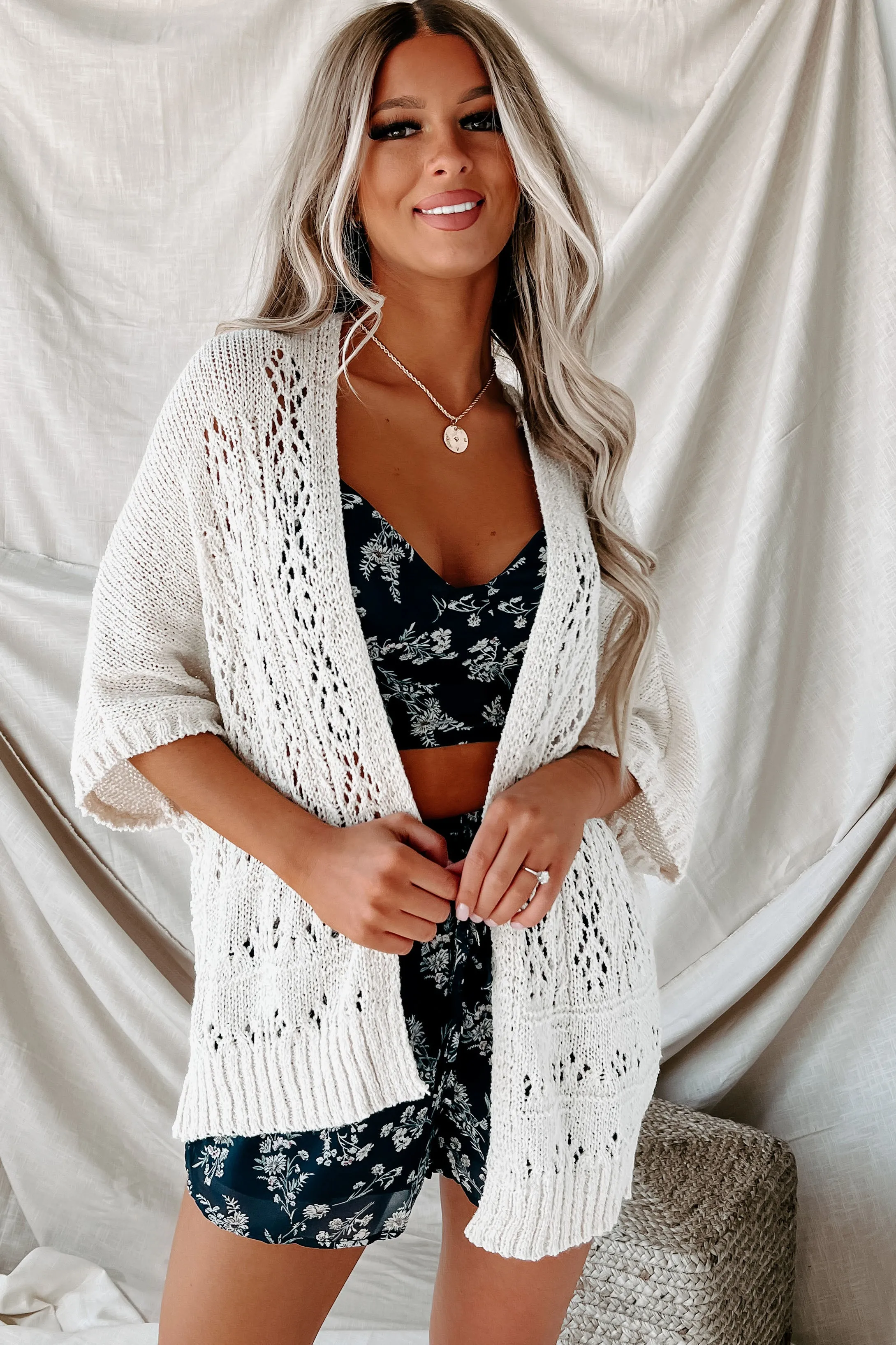 Laid Back Lifestyle Open Front Crochet Knit Cardigan (Cream)