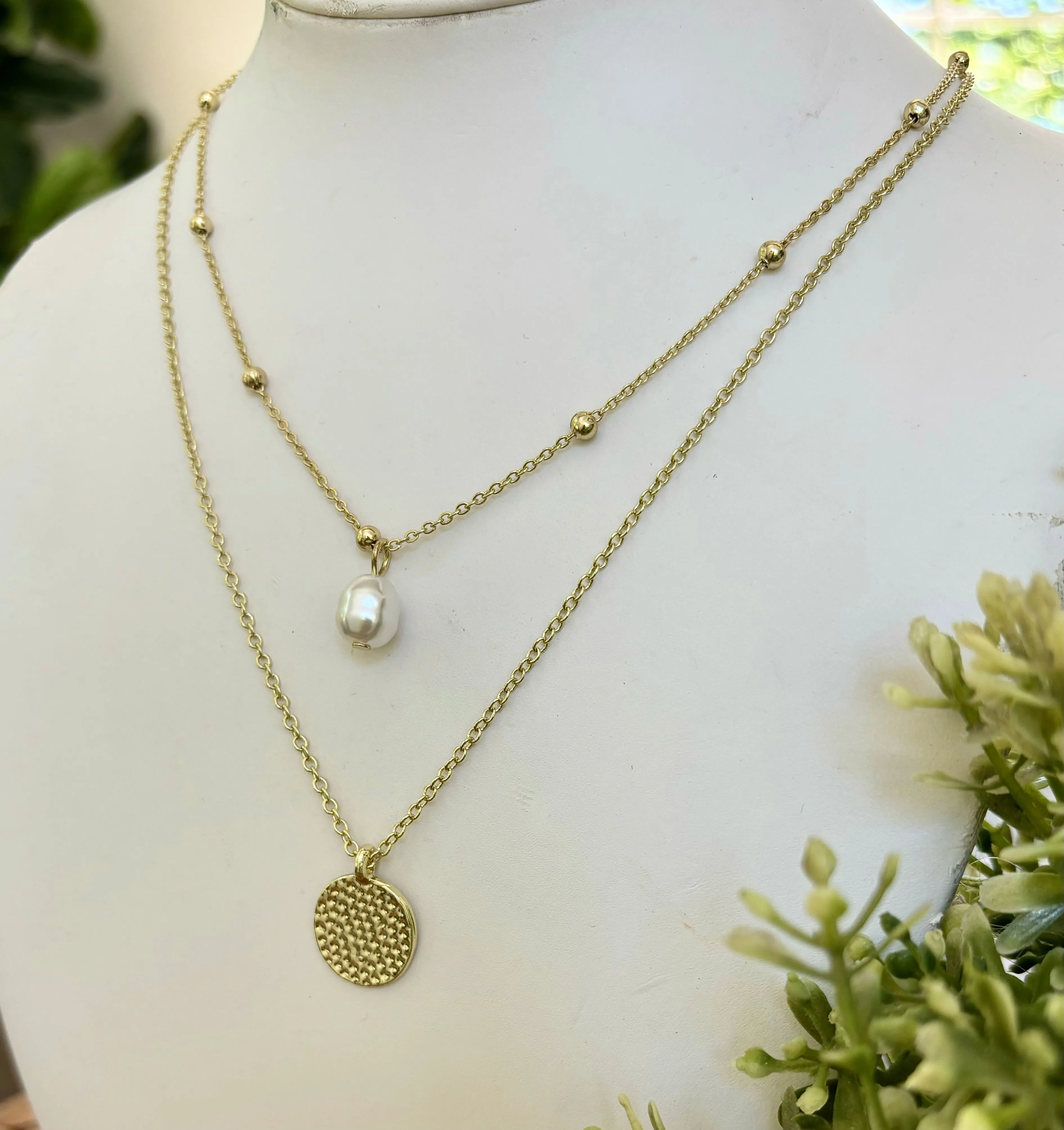 Layering Pearl & Disc Necklace