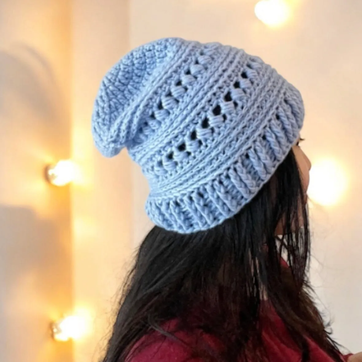 Light blue crochet Slouchy Beanie | Bobbles Beret | Slouchy Hat in sky | Knit beanie in natural colour | cozy winter beret hat