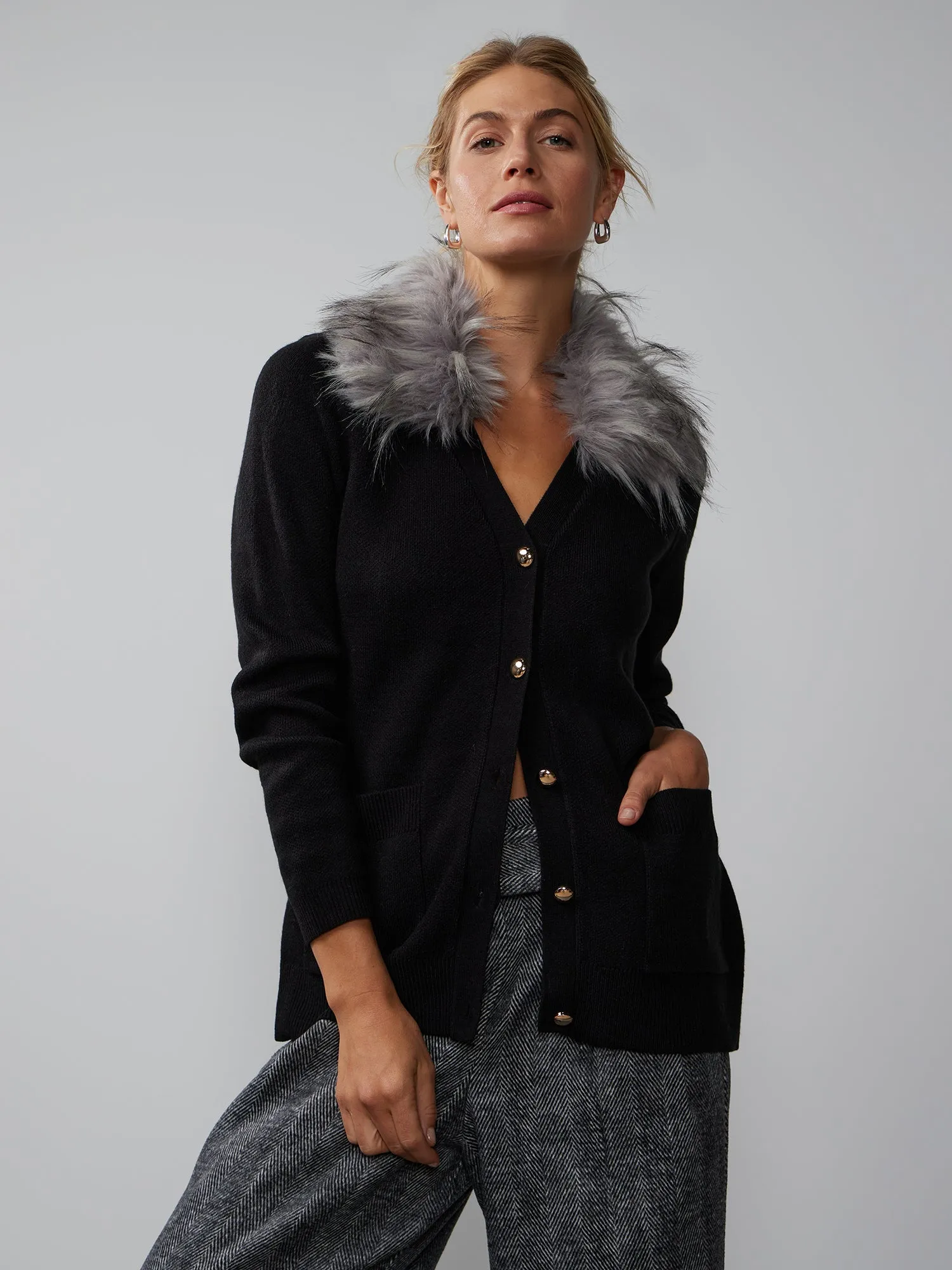 Long Sleeve Fur Trim Cardigan