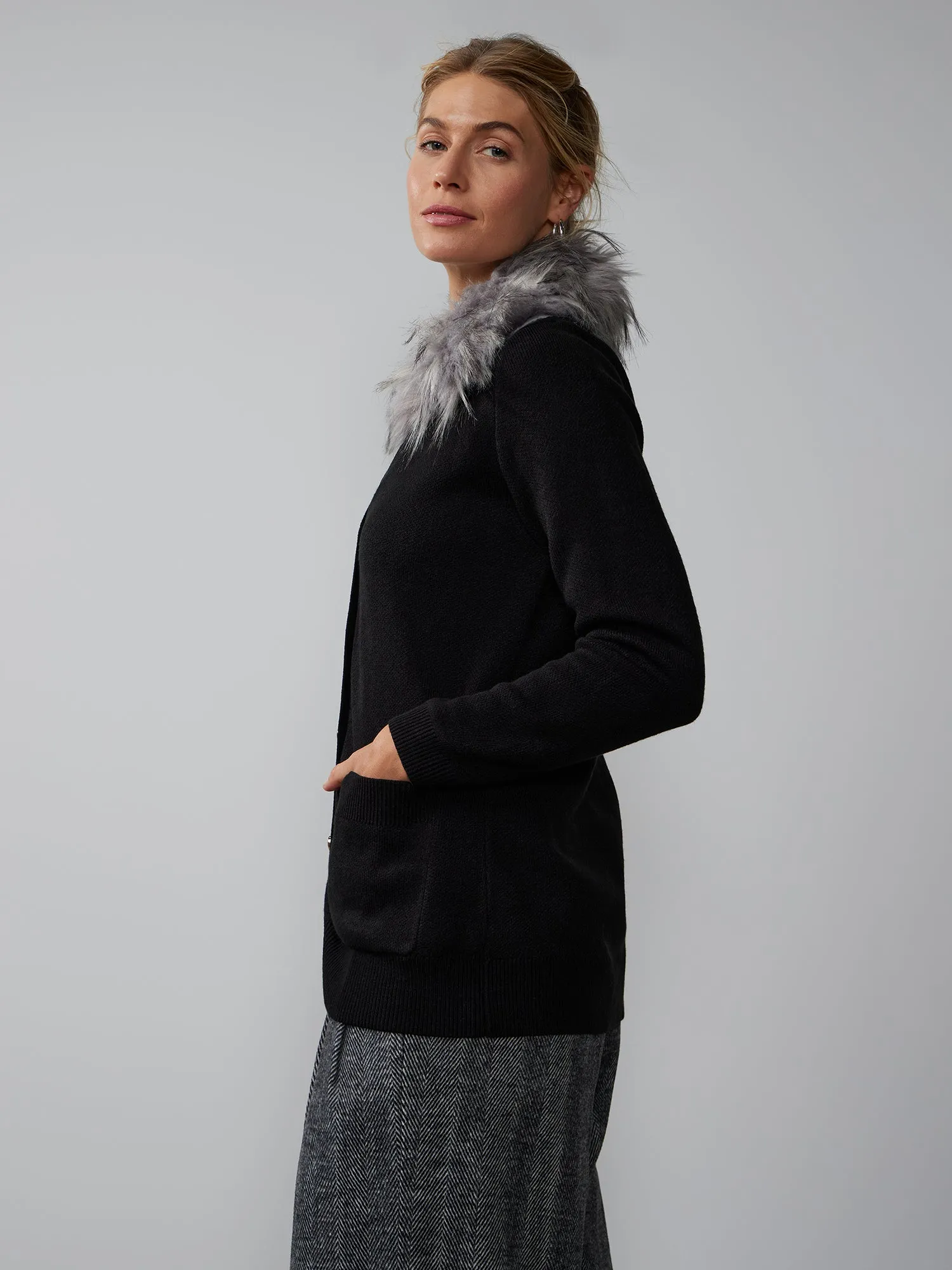 Long Sleeve Fur Trim Cardigan