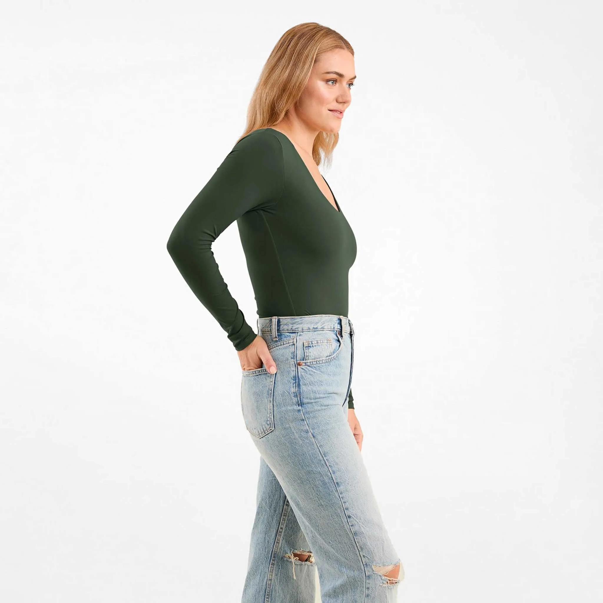 Long Sleeve Scoop Neck Bodysuit | Evergreen