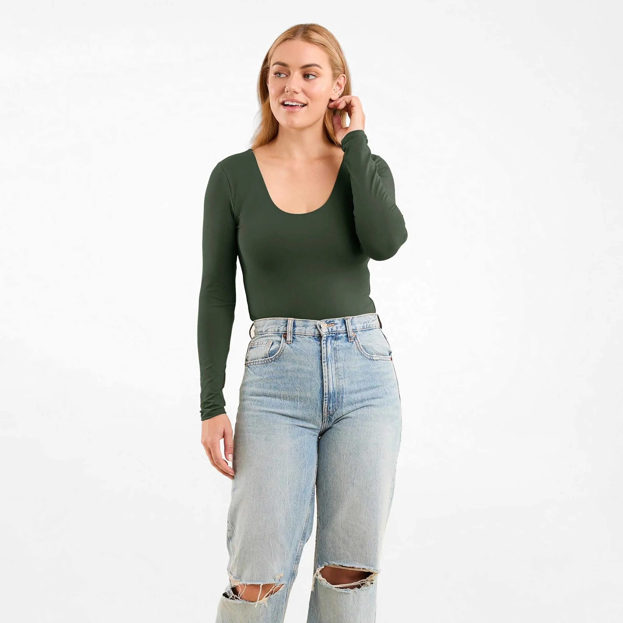 Long Sleeve Scoop Neck Bodysuit | Evergreen