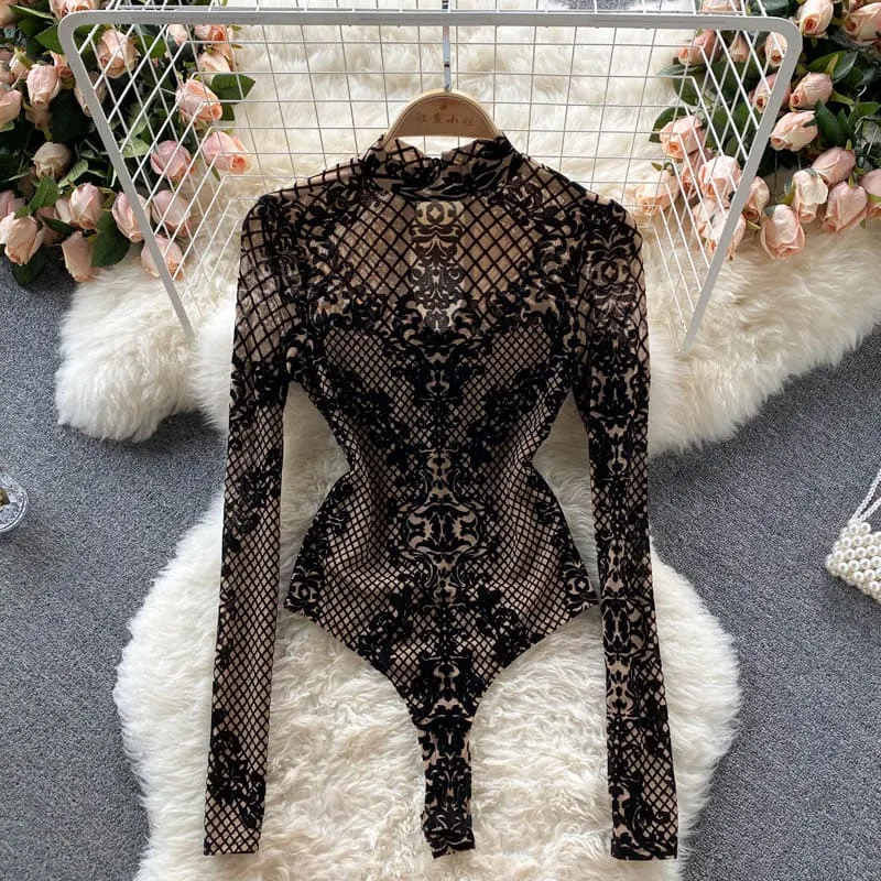 Luxe Allure: Sheer Long Sleeve Lace Bodysuit