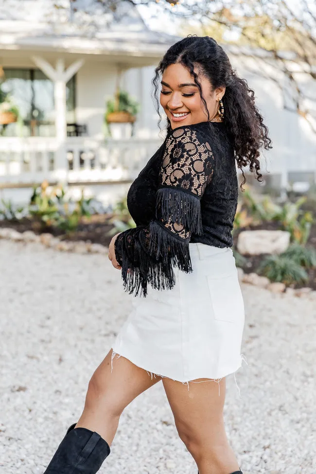 Meet Me On Broadway Black Fringe Sleeve Lace Long Sleeve Bodysuit FINAL SALE