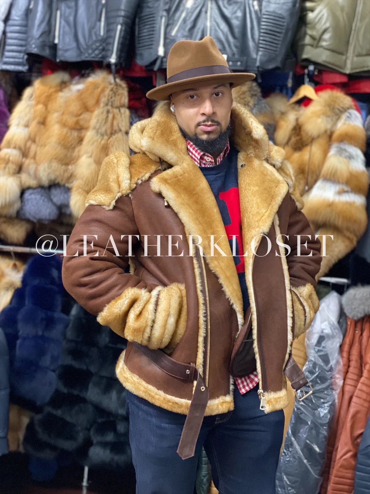 Mens Andre Shearling Biker With Hood [Cognac]