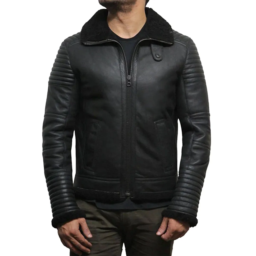 Men's Black Faux Shearling Flying Leather Jacket